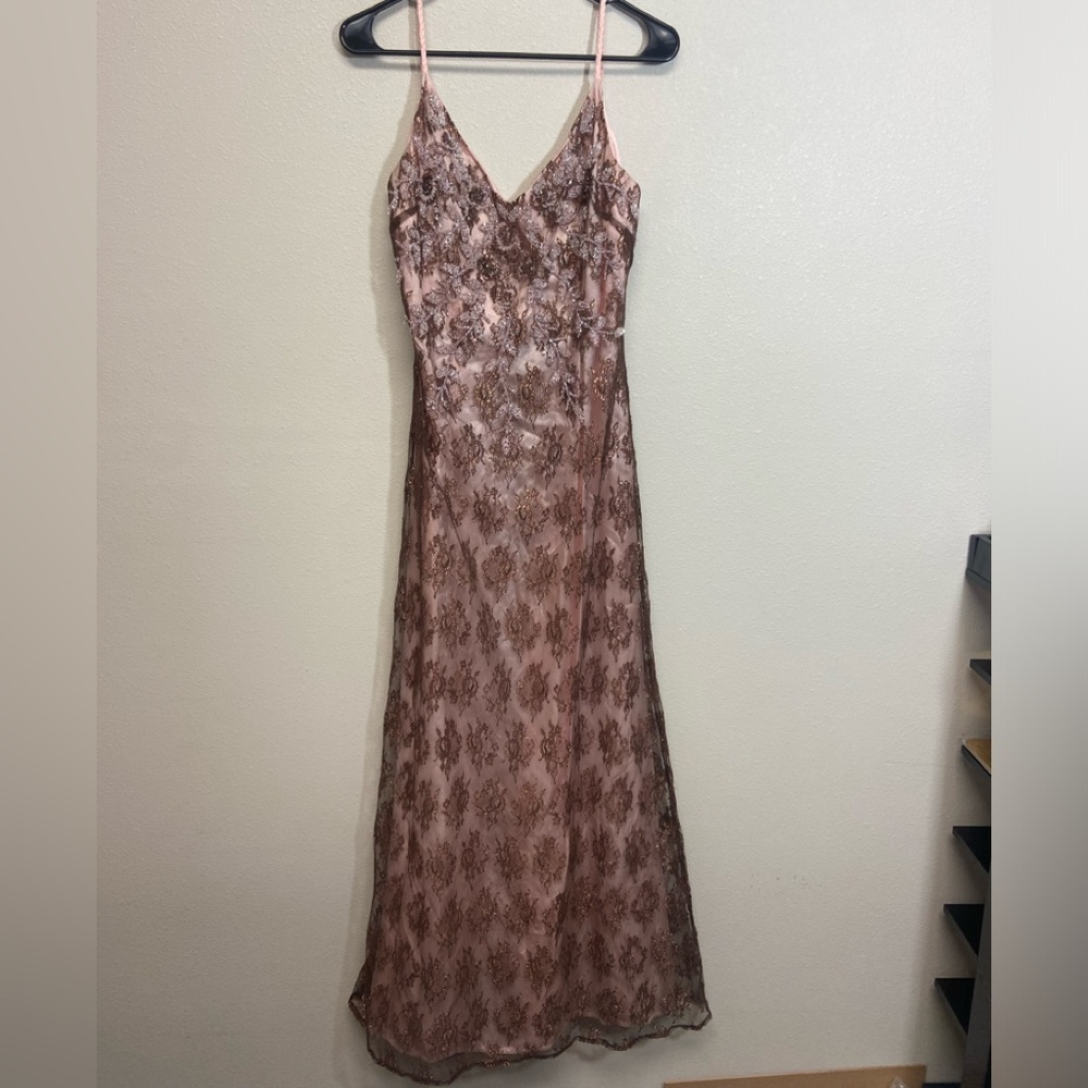 Pink/brown JS boutique dress, built in bra, lined, long, size 8